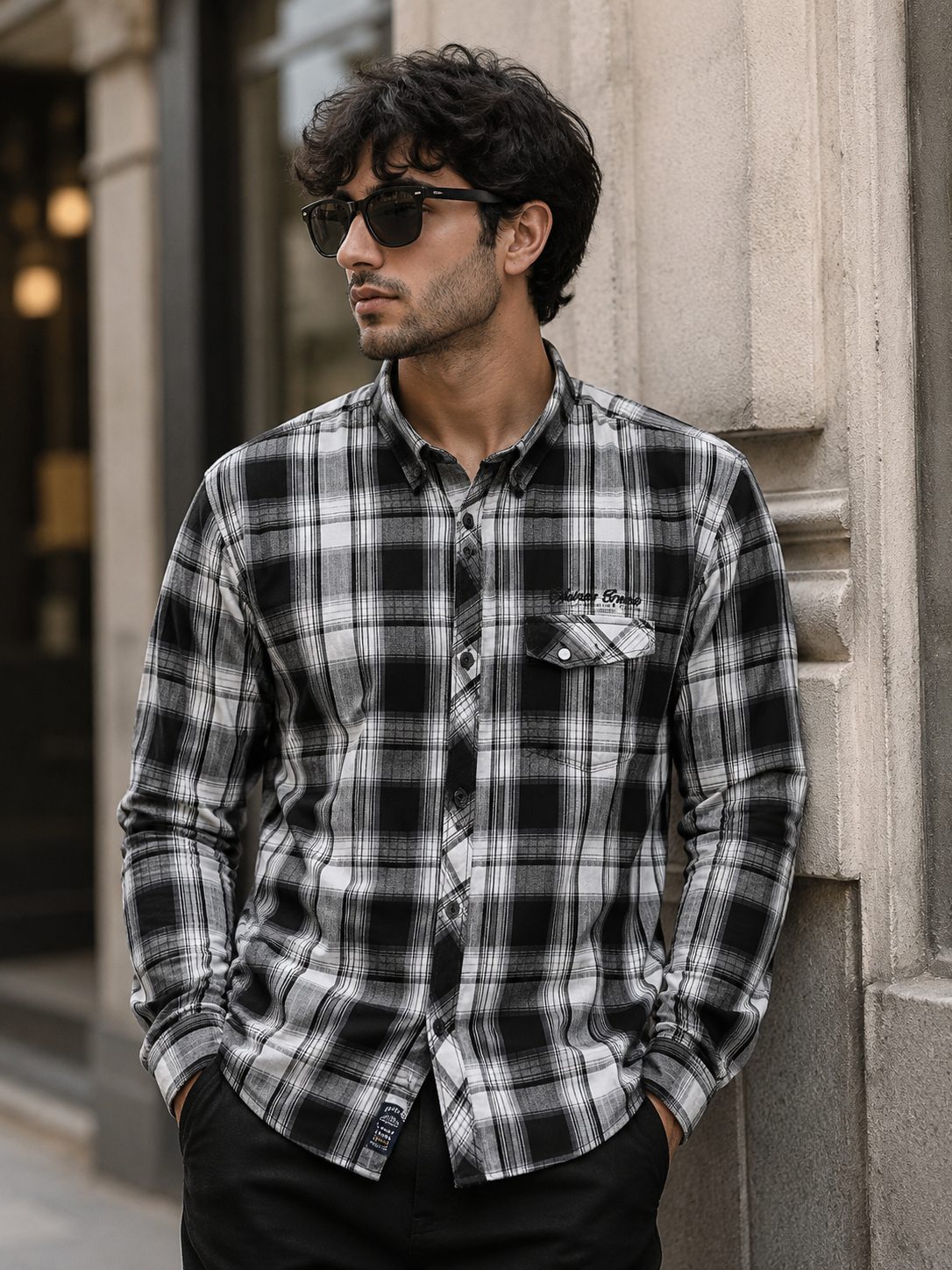 MENS CARGO CHECKS FULL SLEEVE SHIRT — BLACK