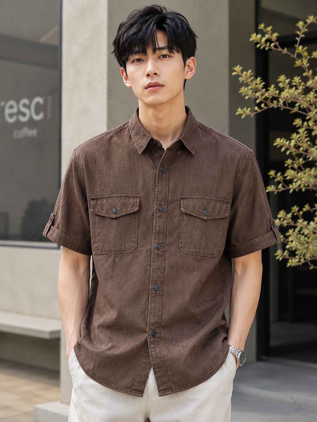 MENS SULPHUR INDIGO CHECKS HALF SLEEVE SHIRT — BROWN