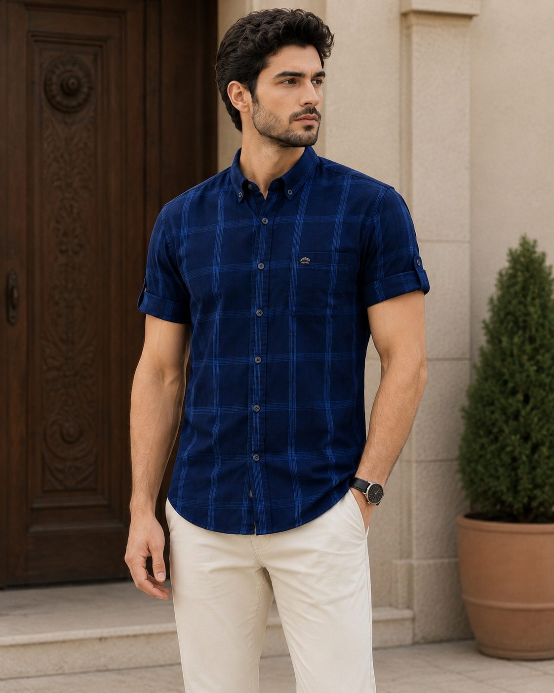 MENS INDIGO CHECKS HALF SLEEVE SHIRT — NAVY