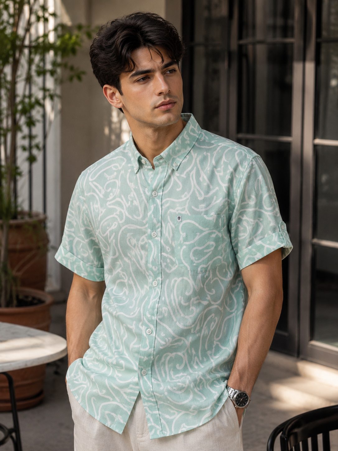 MENS PRINTED HALF SLEEVE SHIRT — SKY