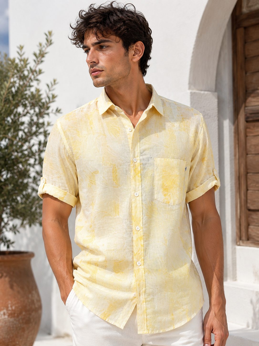 MENS PRINTED HALF SLEEVE SHIRT — YELLOW