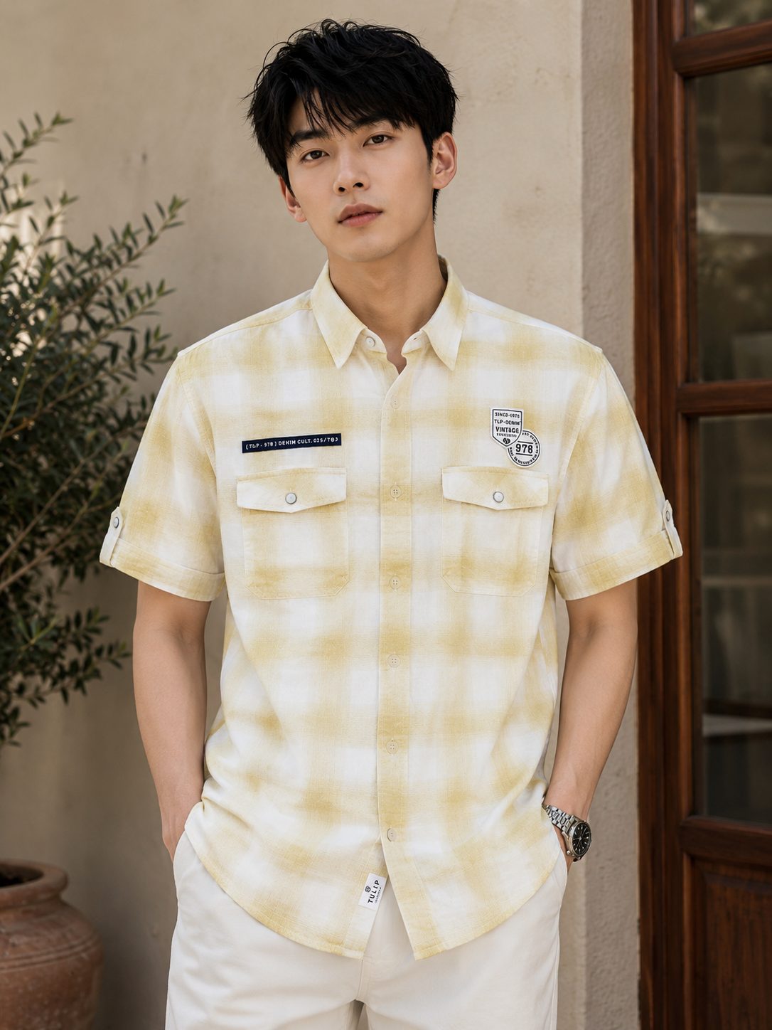 MENS CARGO CHECKS HALF SLEEVE SHIRT — YELLOW
