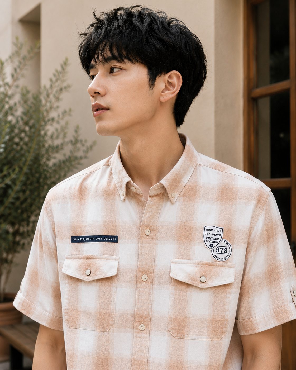MENS CARGO CHECKS HALF SLEEVE SHIRT — ORANGE