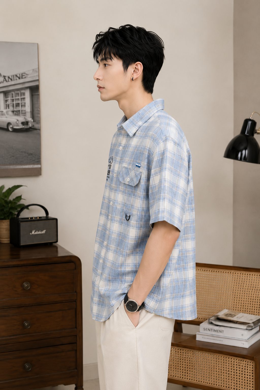 MENS CARGO CHECKS HALF SLEEVE SHIRT — SKY