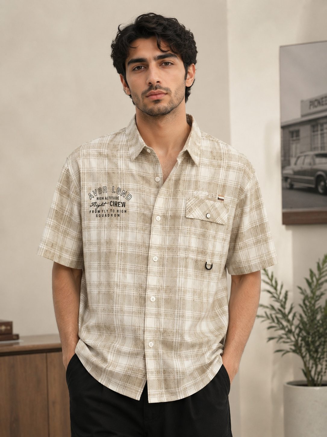 MENS CARGO CHECKS HALF SLEEVE SHIRT — BEIGE