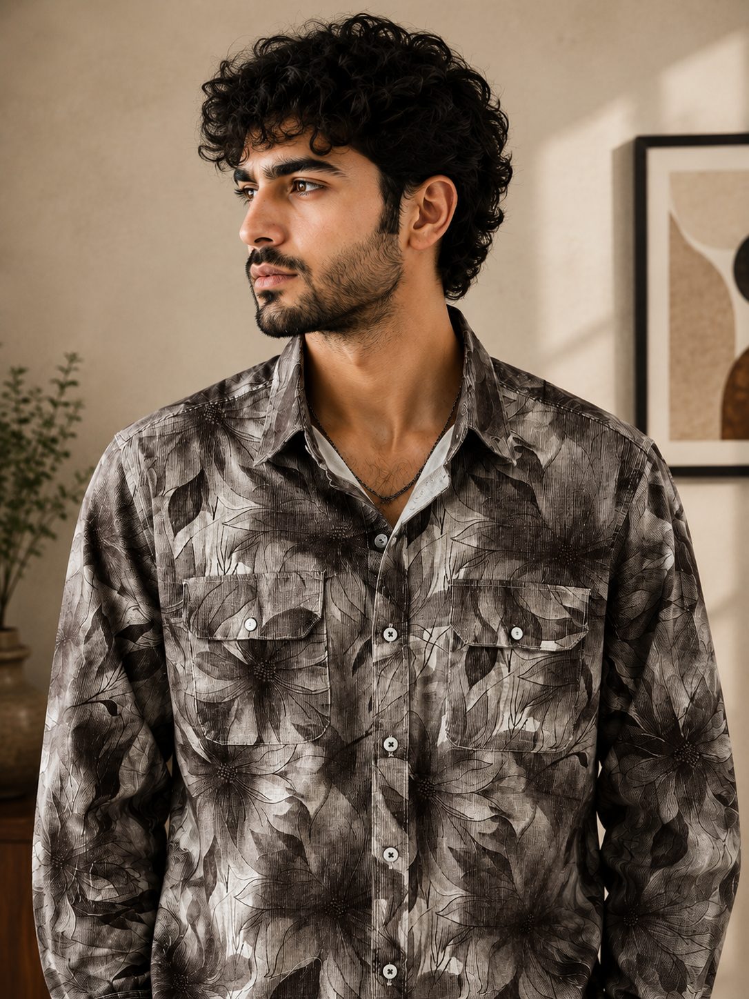 MENS CODROY PRINT DOUBLE POCKET FULL SLEEVE SHIRT — BROWN