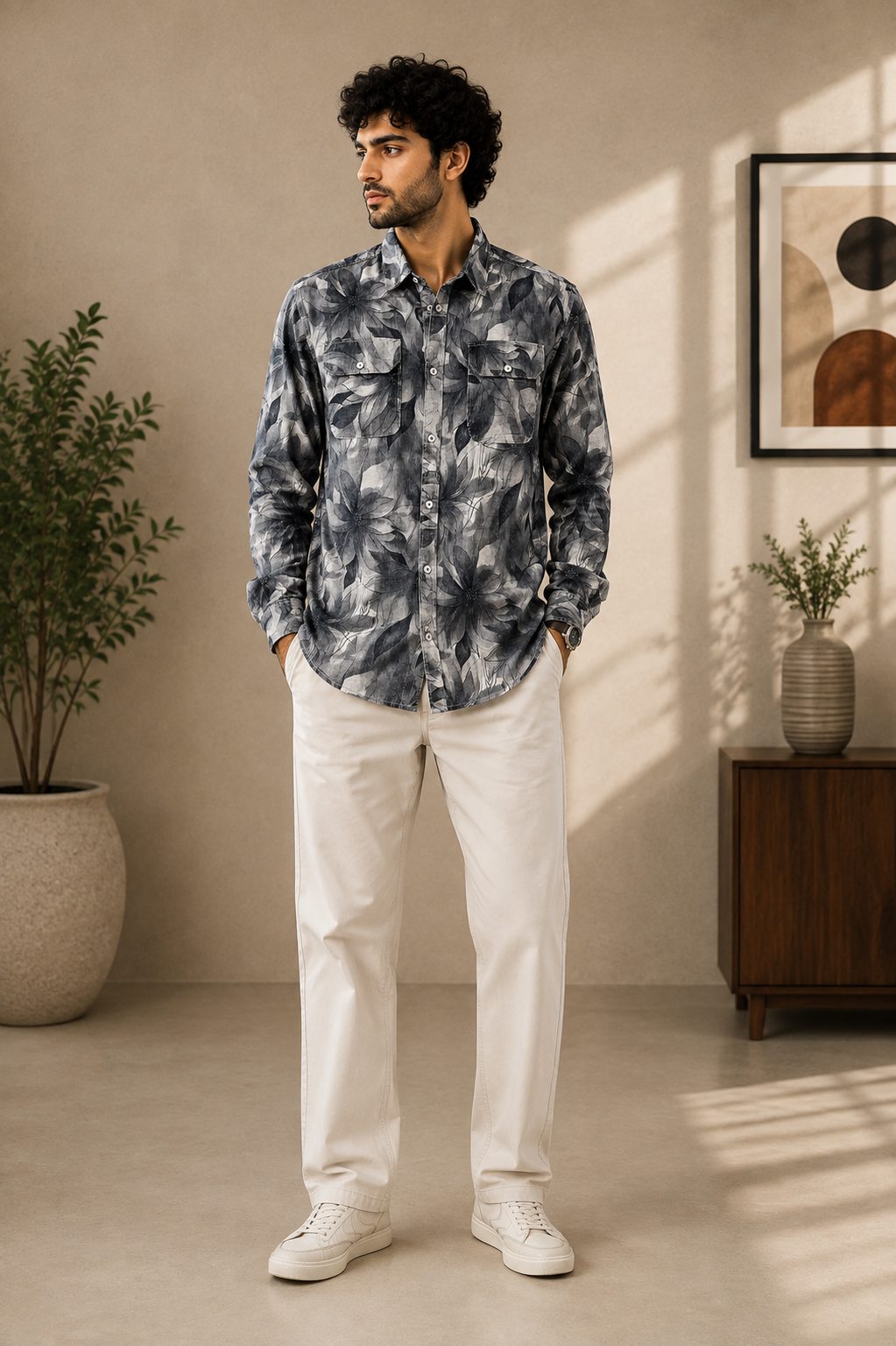 MENS CODROY PRINT DOUBLE POCKET FULL SLEEVE SHIRT — BLUE