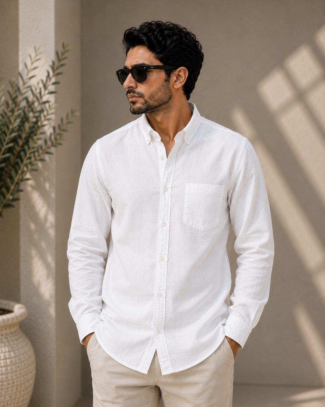 MENS LINEN PLAIN FULL SLEEVE SHIRT — WHITE