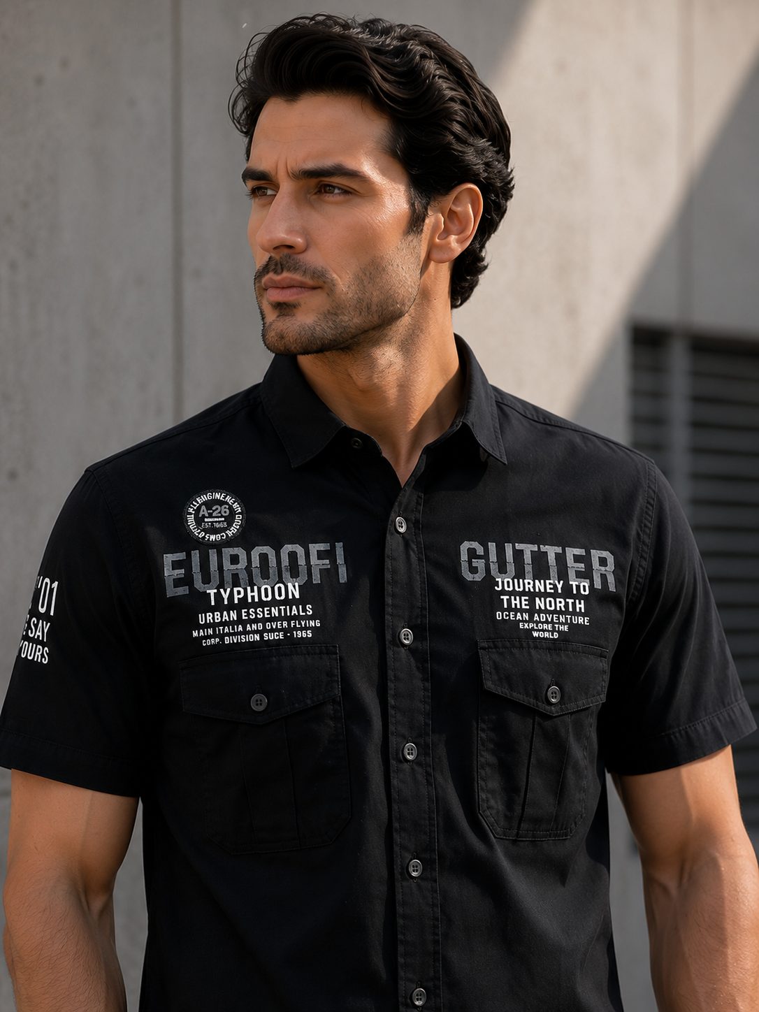 MENS CARGO HALF SLEEVE SHIRT — BLACK