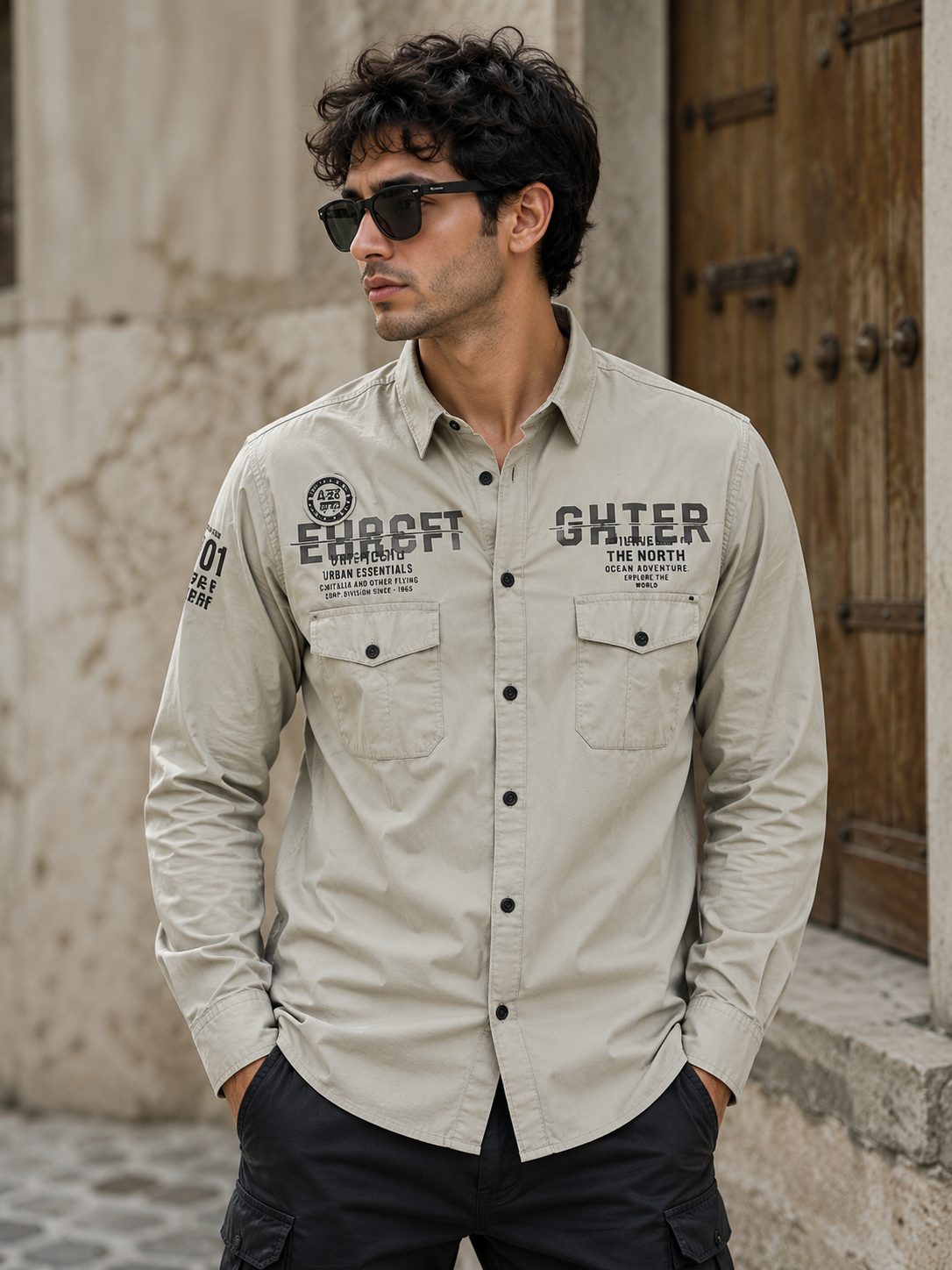 MENS CARGO FULL SLEEVE SHIRT — LIGHT KHAKEE