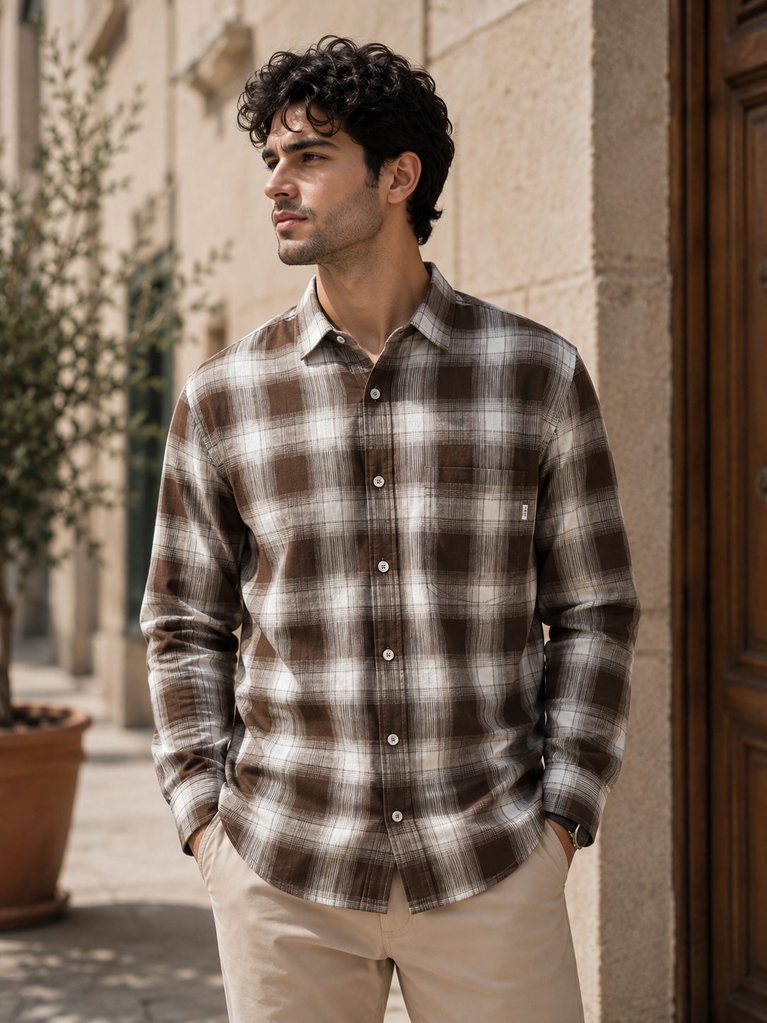 MENS CASUAL CHECKS FULL SLEEVES SHIRT — BROWN