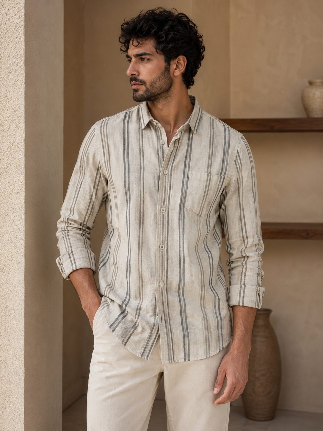 MENS CARGO STRIPS FULL SLEEVE SHIRT — BEIGE