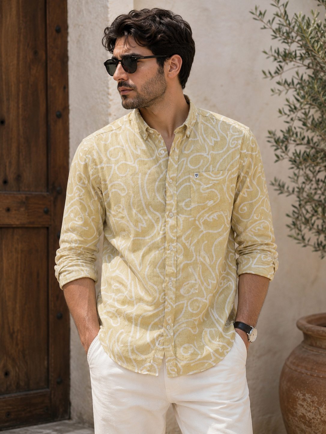 MENS PRINTED FULL SLEEVE SHIRT — YELLOW