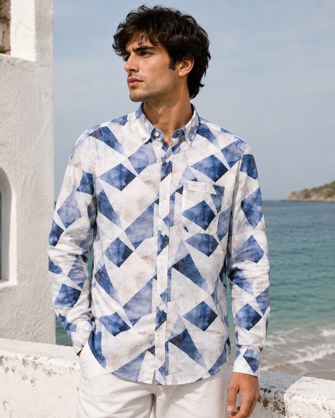 MENS GEOMETRICAL PRINTED FULL SLEEVE SHIRT — BLUE