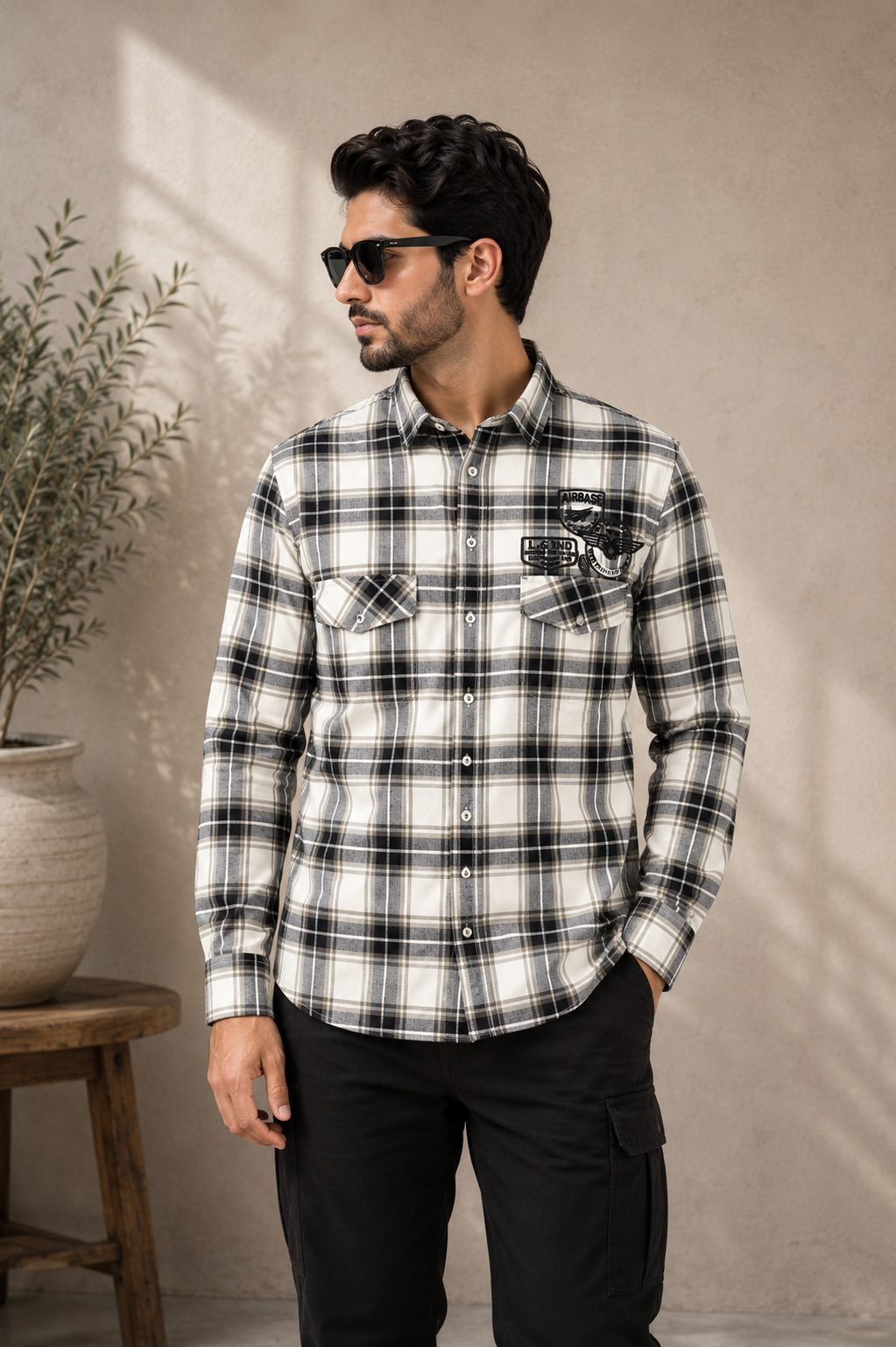 MENS CARGO CHECKS FULL SLEEVE SHIRT — BLACK