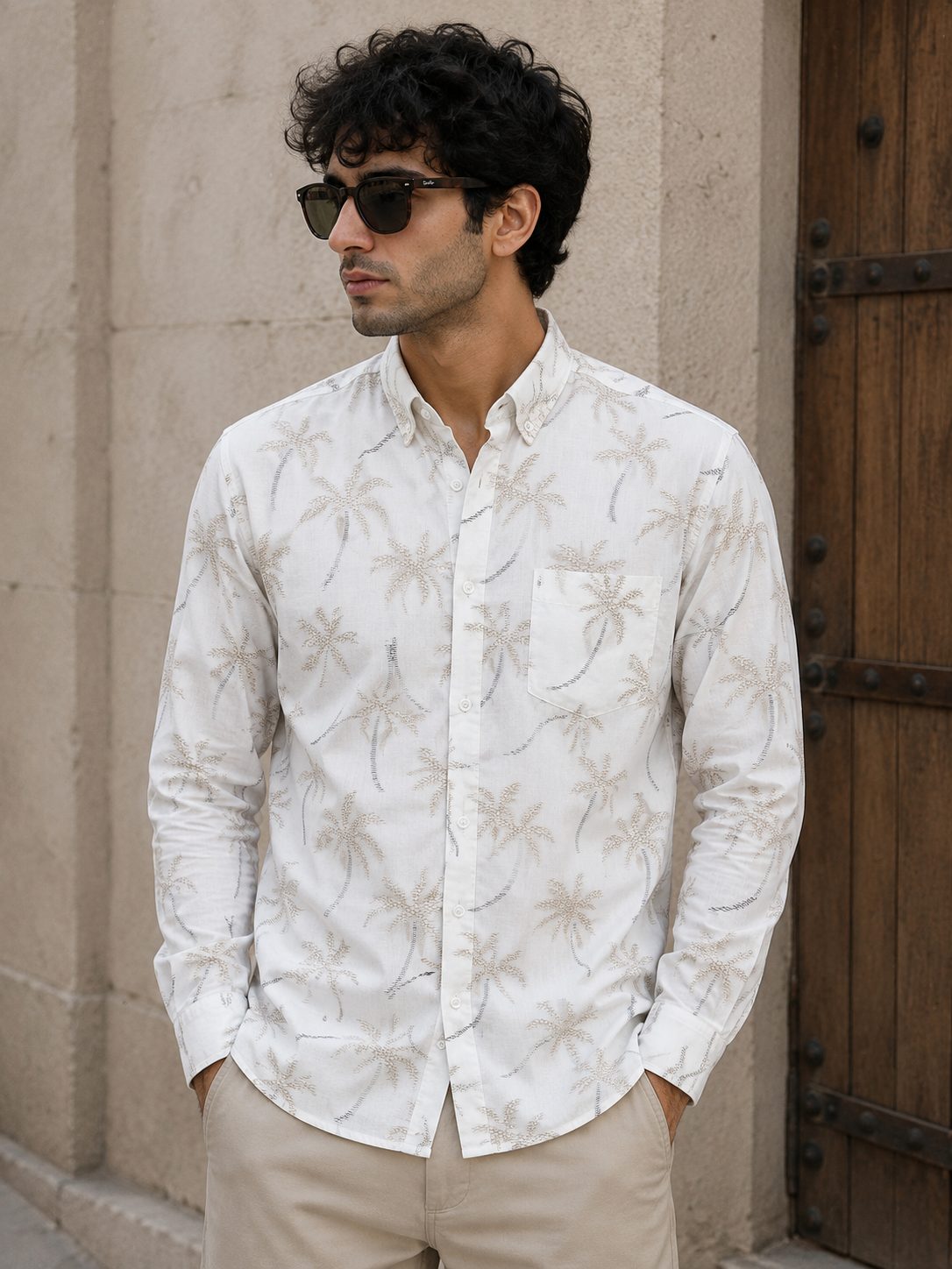 MENS PRINTED FULL SLEEVE SHIRT — BEIGE